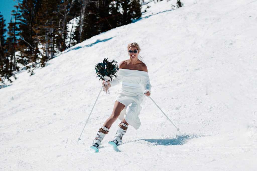 Bride skiing down the mountain in Grand Teton National Park.
