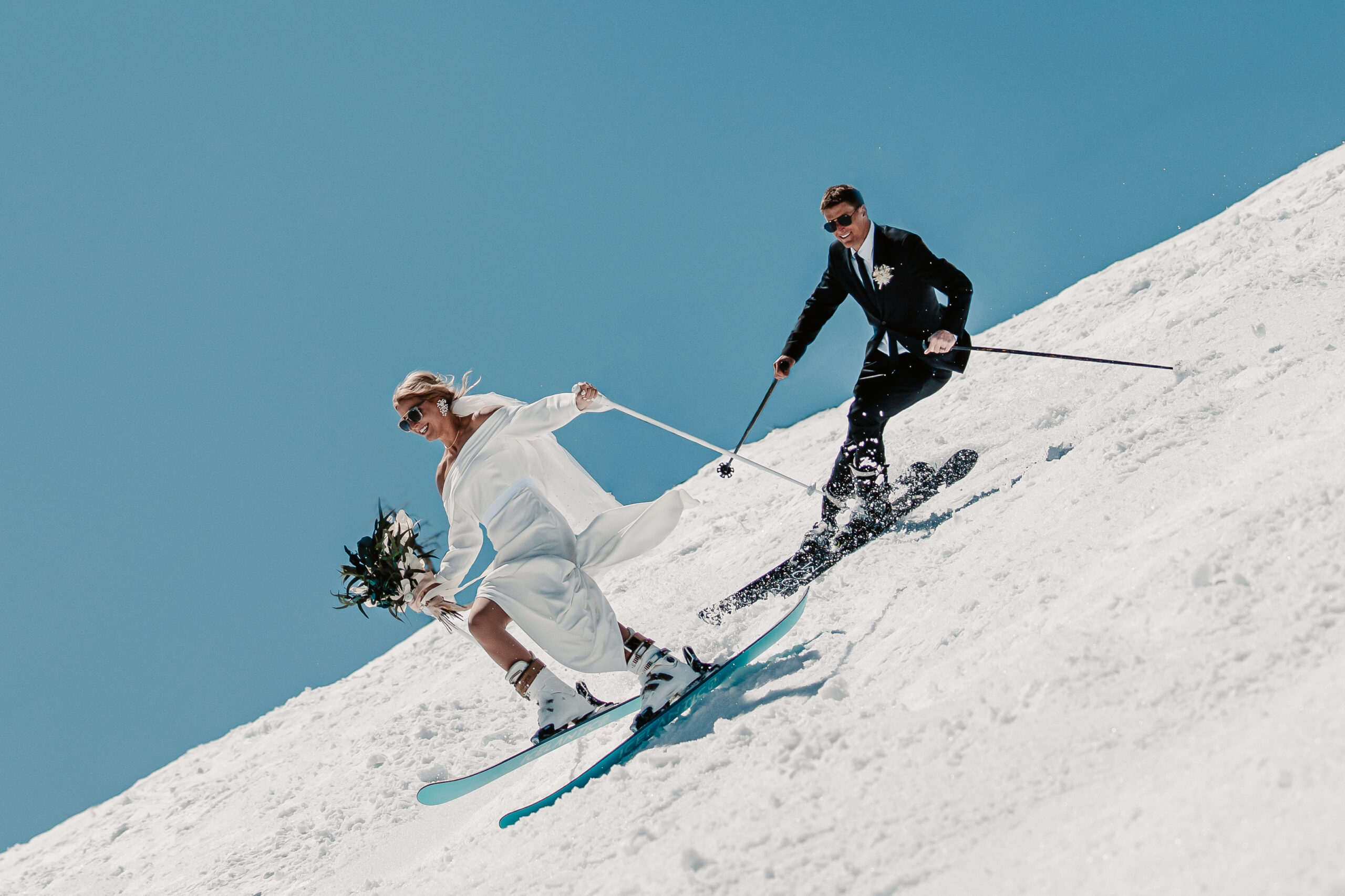 A newlywed couple at their ski wedding at Jackson Hole Mountain Resort